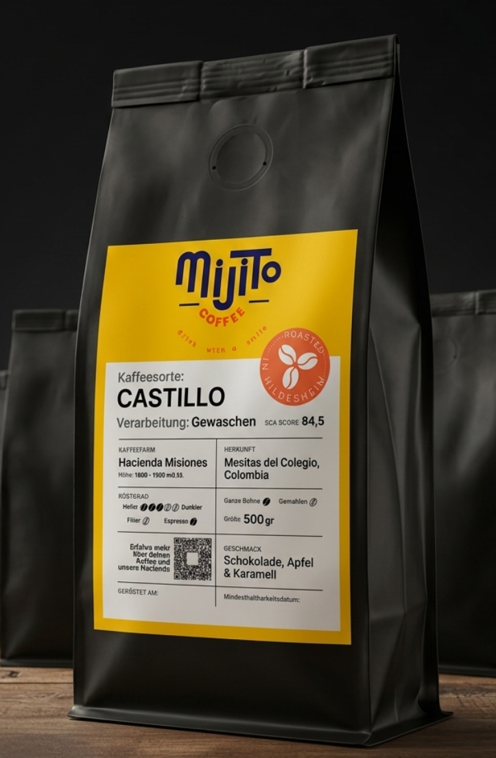 A matte black coffee bag labeled 'Mijito Coffee Castillo' stands on a wooden surface against a dark studio background, with two additional matching bags blurred behind it.