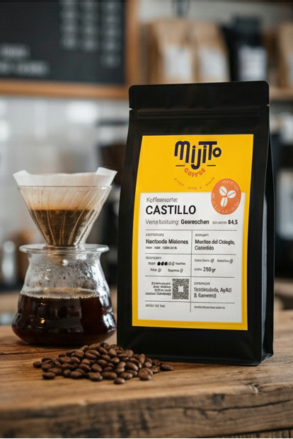 Mujto Castillo coffee package with a glass of coffee and coffee beans on a wooden counter.