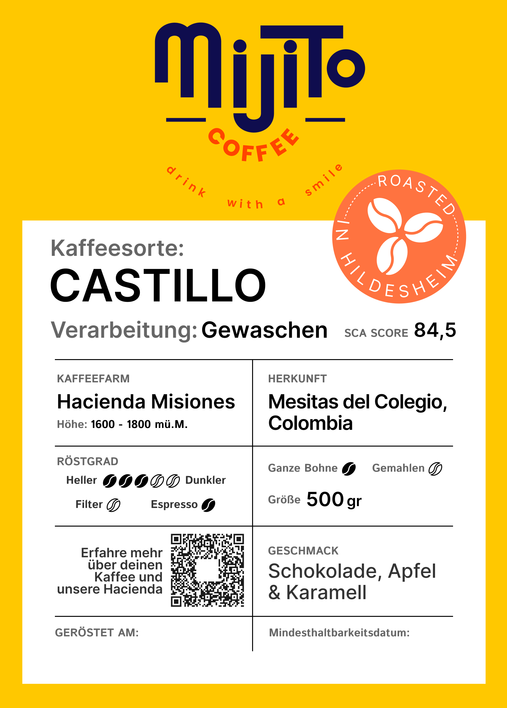 A coffee product information card for MijiTo Coffee's Castillo blend, featuring a bright yellow background, the MijiTo Coffee logo, and details about Hacienda Misiones coffee from Colombia. The card includes roast, filter, grinder size, origin, flavor notes, a QR code, and a roasting location badge.