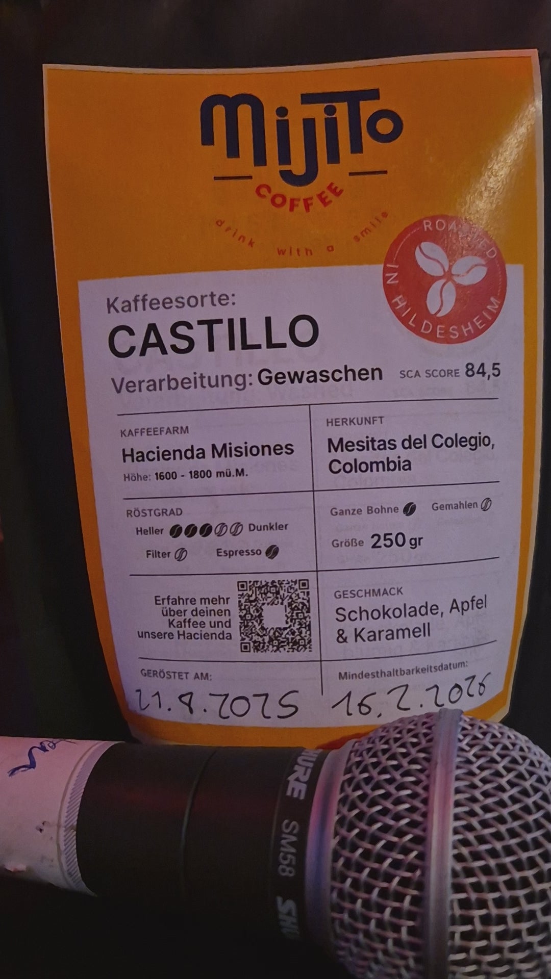 Mijito coffee bag on a stand up comedy show